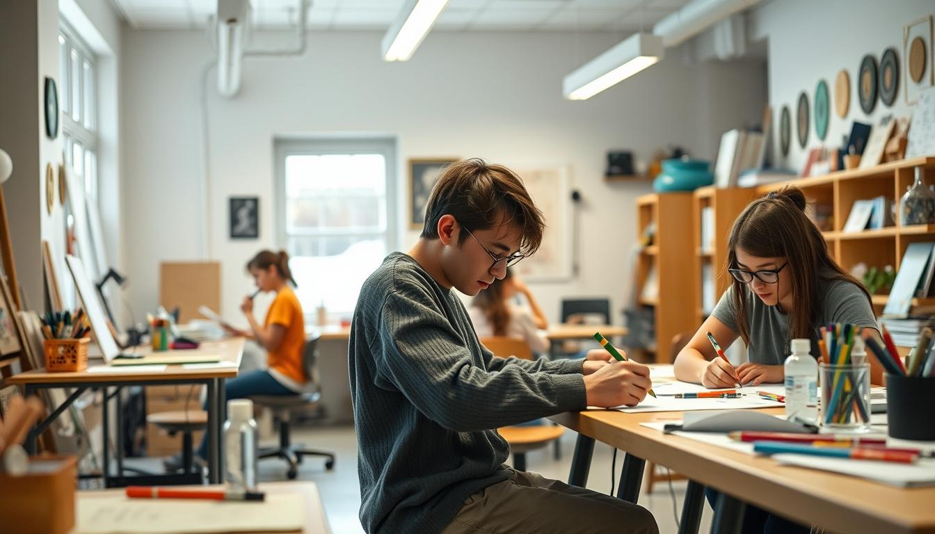 Students studying together in modern classroom